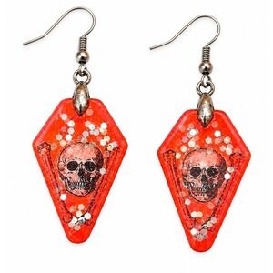 Orange Coffin Skull Resin Dangle Earrings Glitter Goth Halloween OOAK
